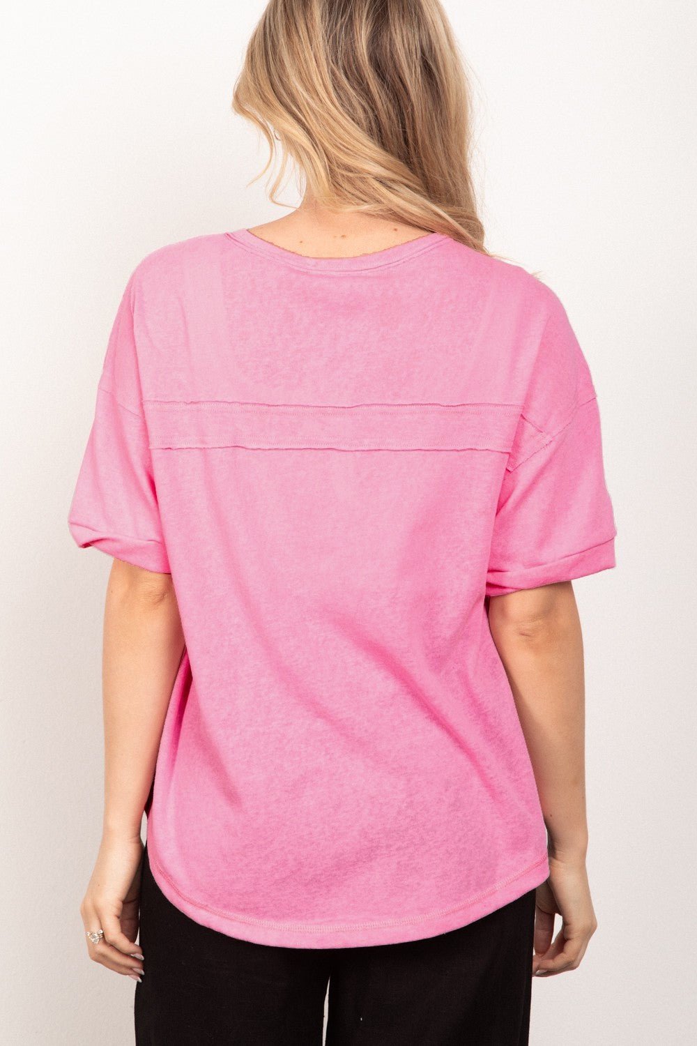 VERY J Twisted Sleeve Band Half Button Top - Top - Pink - Bella Bourget