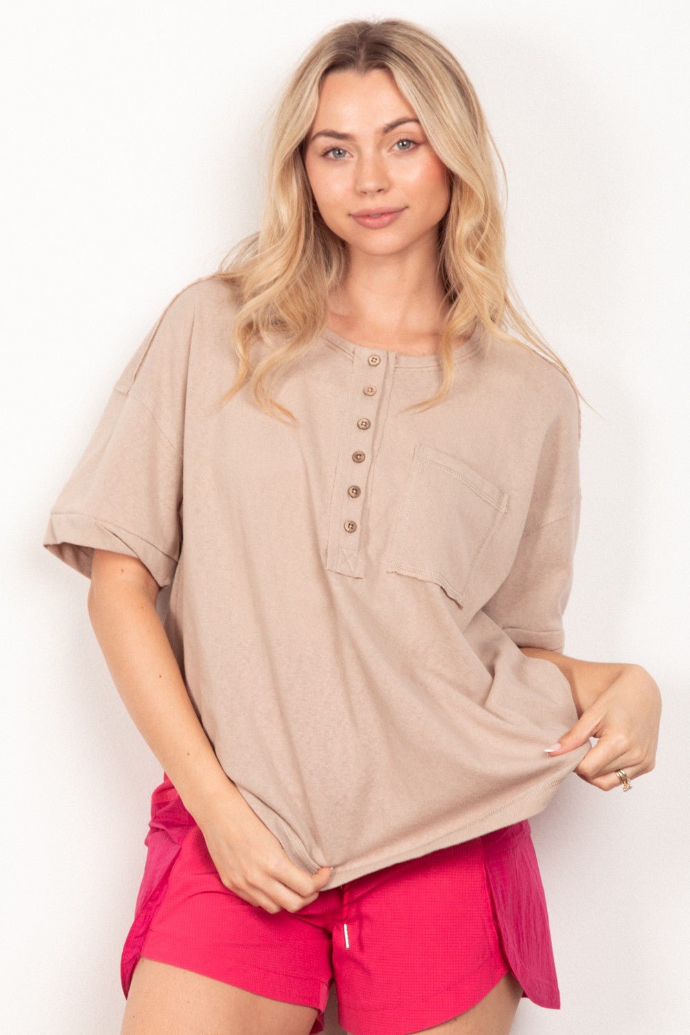 VERY J Twisted Sleeve Band Half Button Top - Top - Taupe - Bella Bourget