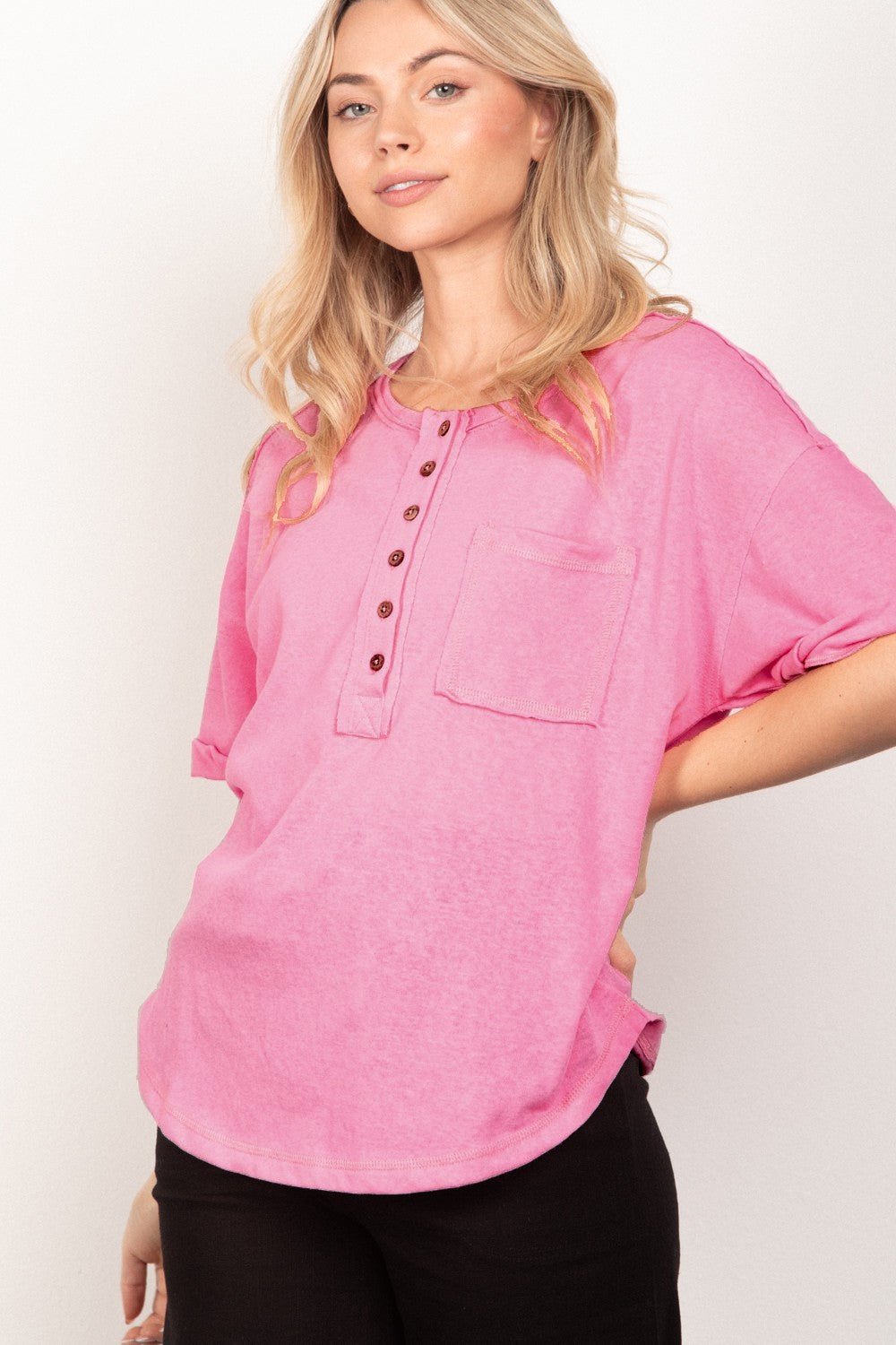 VERY J Twisted Sleeve Band Half Button Top - Top - Pink - Bella Bourget