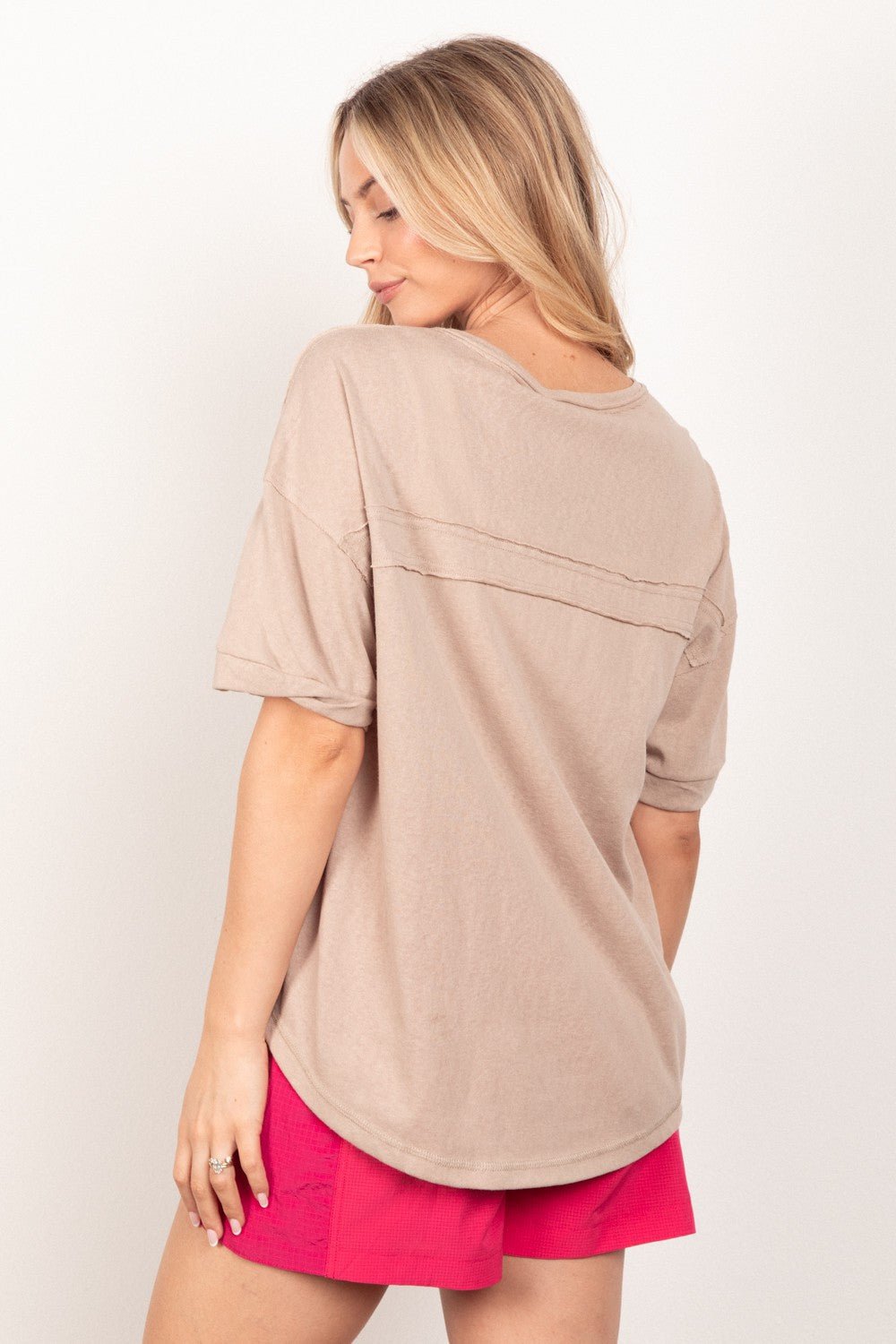 VERY J Twisted Sleeve Band Half Button Top - Top - Taupe - Bella Bourget