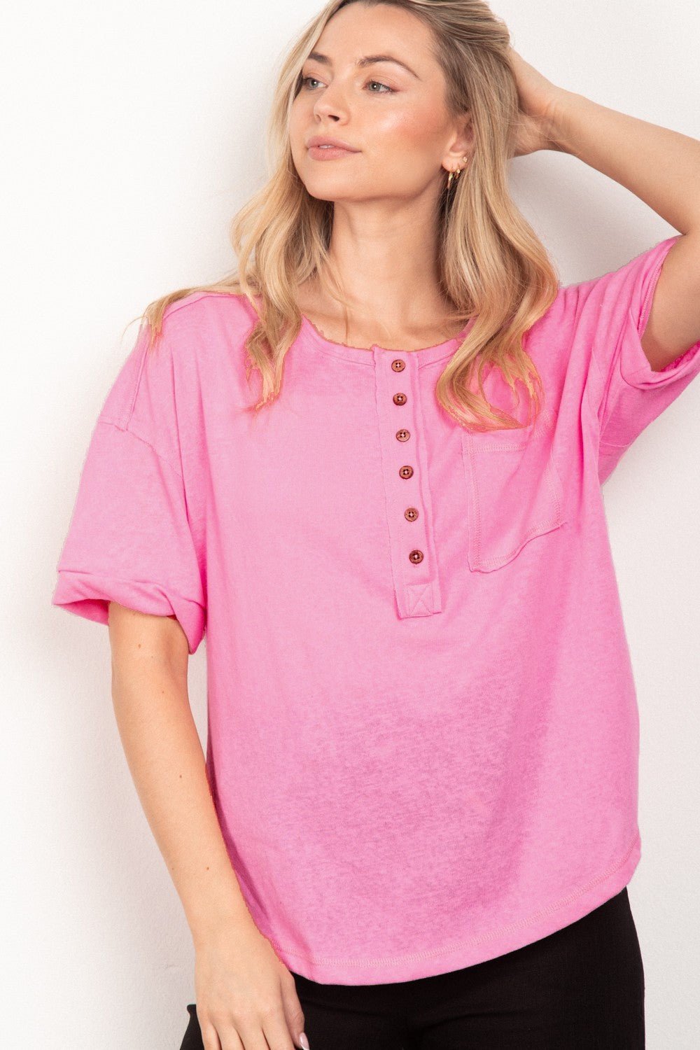 VERY J Twisted Sleeve Band Half Button Top - Top - Pink - Bella Bourget