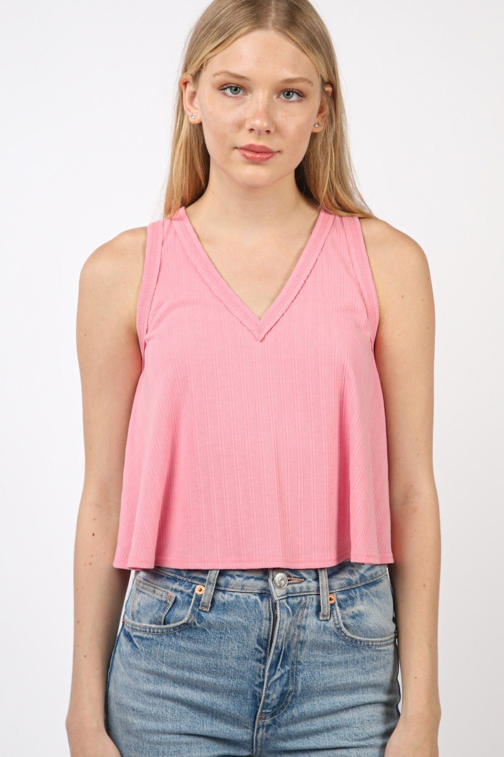 VERY J V - Neck Knit Swing Cropped Tank - Top - Pink - Bella Bourget