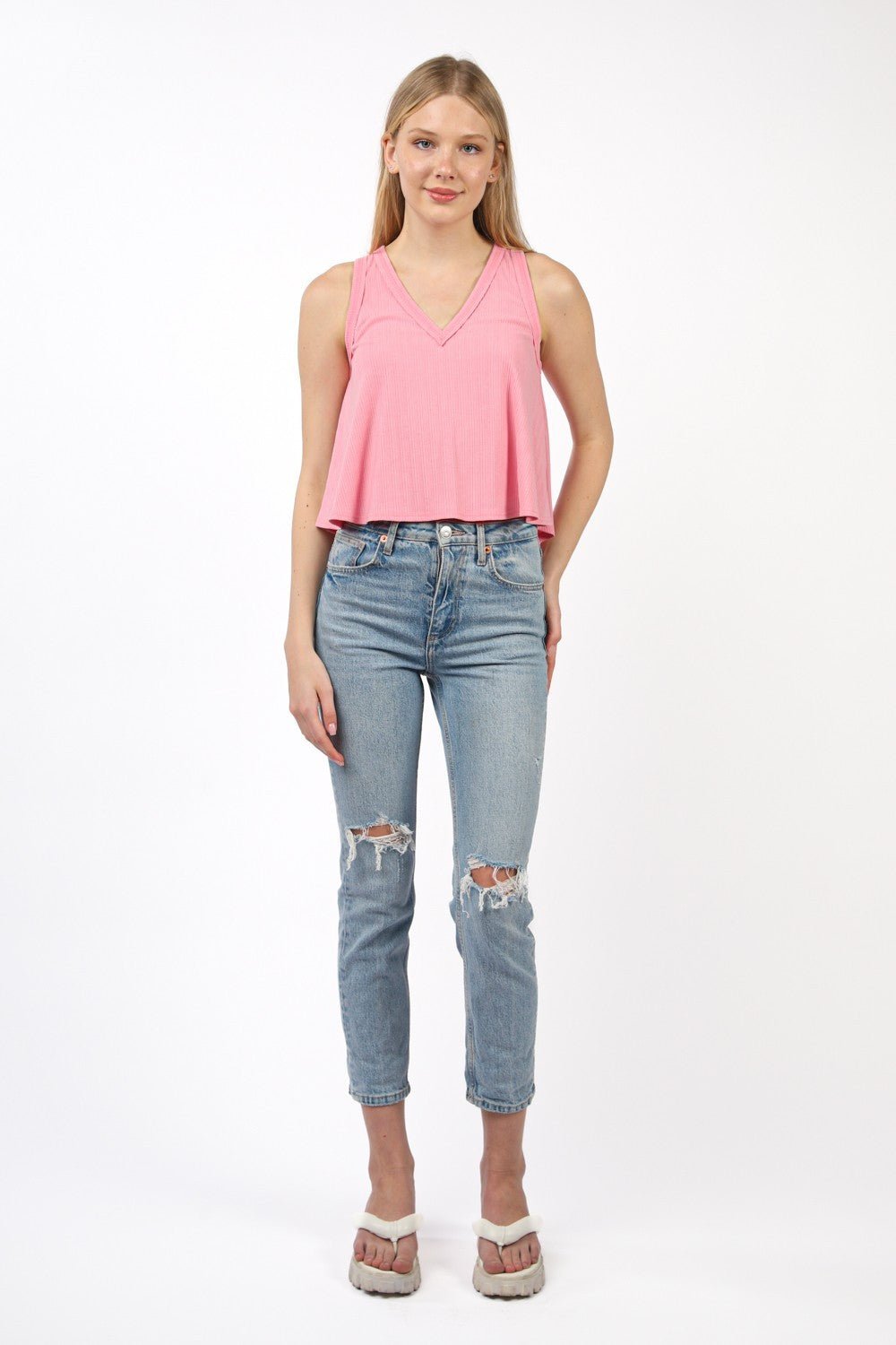 VERY J V - Neck Knit Swing Cropped Tank - Top - Pink - Bella Bourget