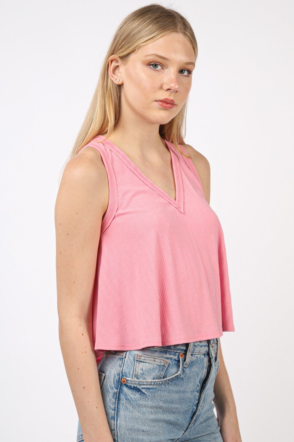 VERY J V - Neck Knit Swing Cropped Tank - Top - Pink - Bella Bourget