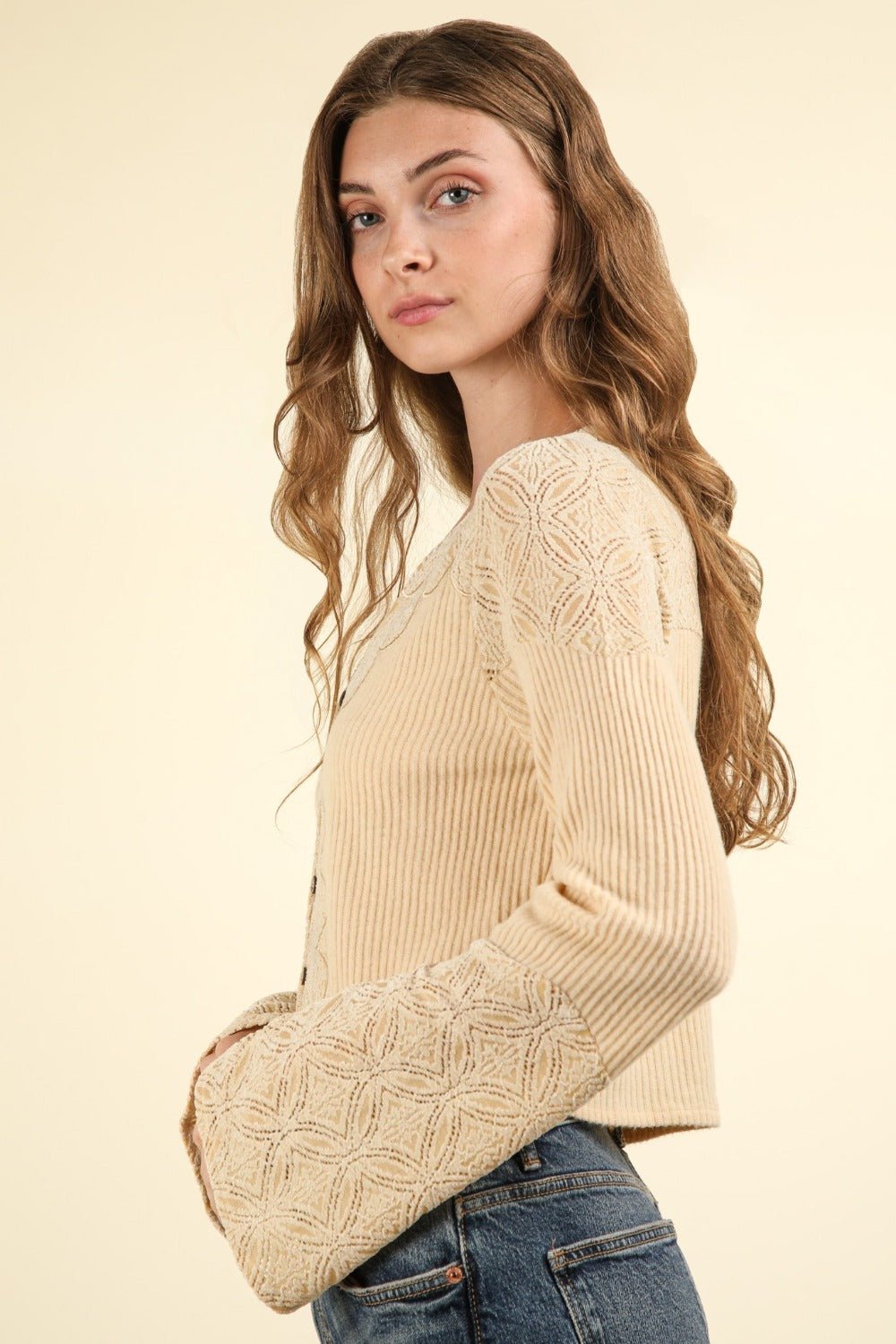 VERY J V - Neck Lace Detail Button Down Crop Ribbed Knit Top - Top - Natural - Bella Bourget