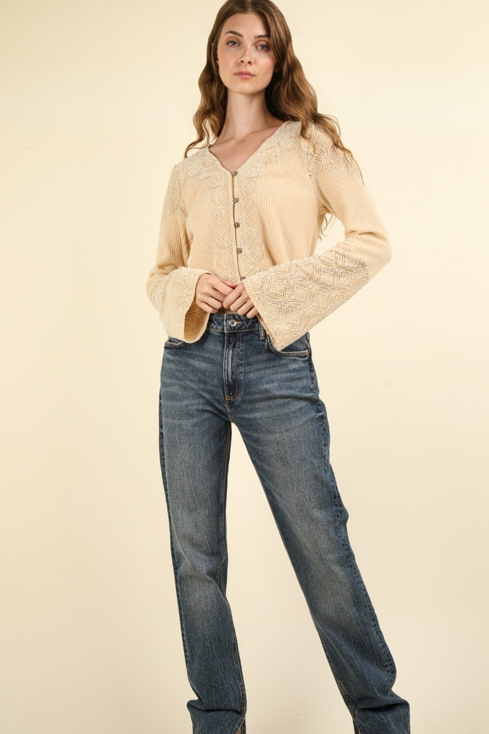 VERY J V - Neck Lace Detail Button Down Crop Ribbed Knit Top - Top - Natural - Bella Bourget