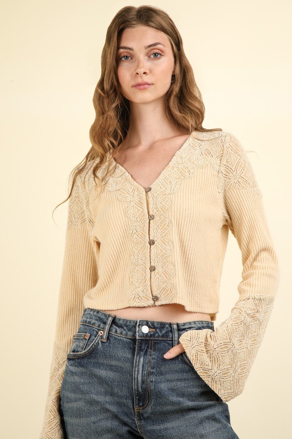 VERY J V - Neck Lace Detail Button Down Crop Ribbed Knit Top - Top - Natural - Bella Bourget