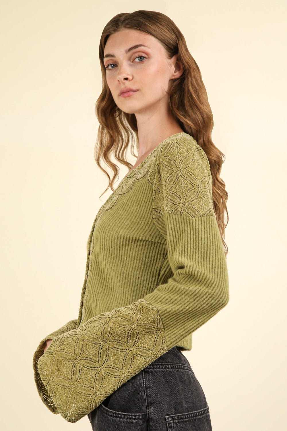 VERY J V - Neck Lace Detail Button Down Crop Ribbed Knit Top - Top - Olive - Bella Bourget