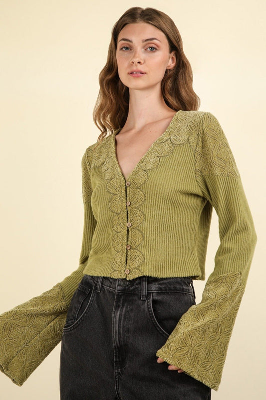 VERY J V - Neck Lace Detail Button Down Crop Ribbed Knit Top - Top - Olive - Bella Bourget