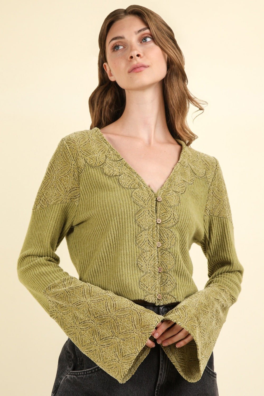 VERY J V - Neck Lace Detail Button Down Crop Ribbed Knit Top - Top - Olive - Bella Bourget