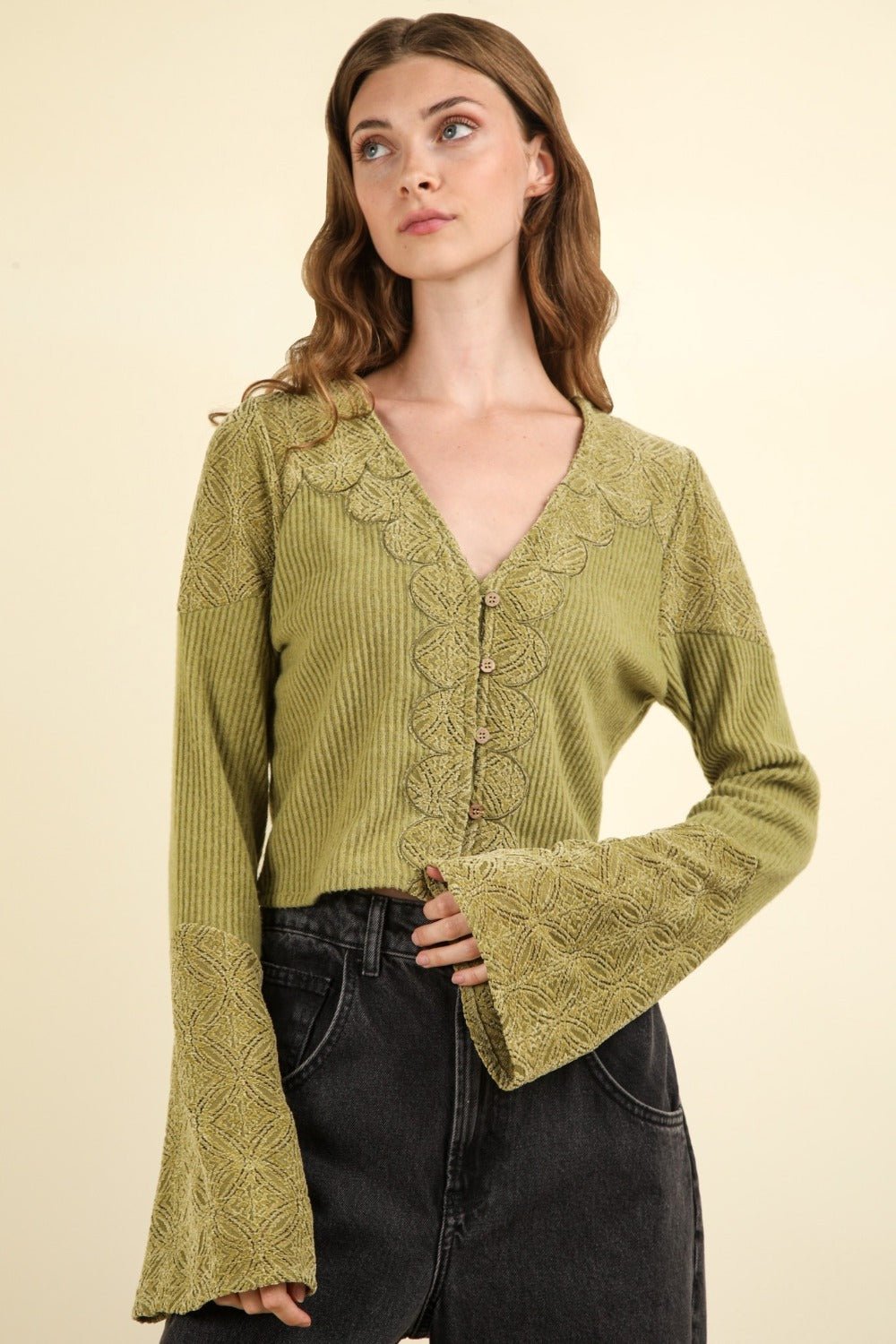 VERY J V - Neck Lace Detail Button Down Crop Ribbed Knit Top - Top - Olive - Bella Bourget