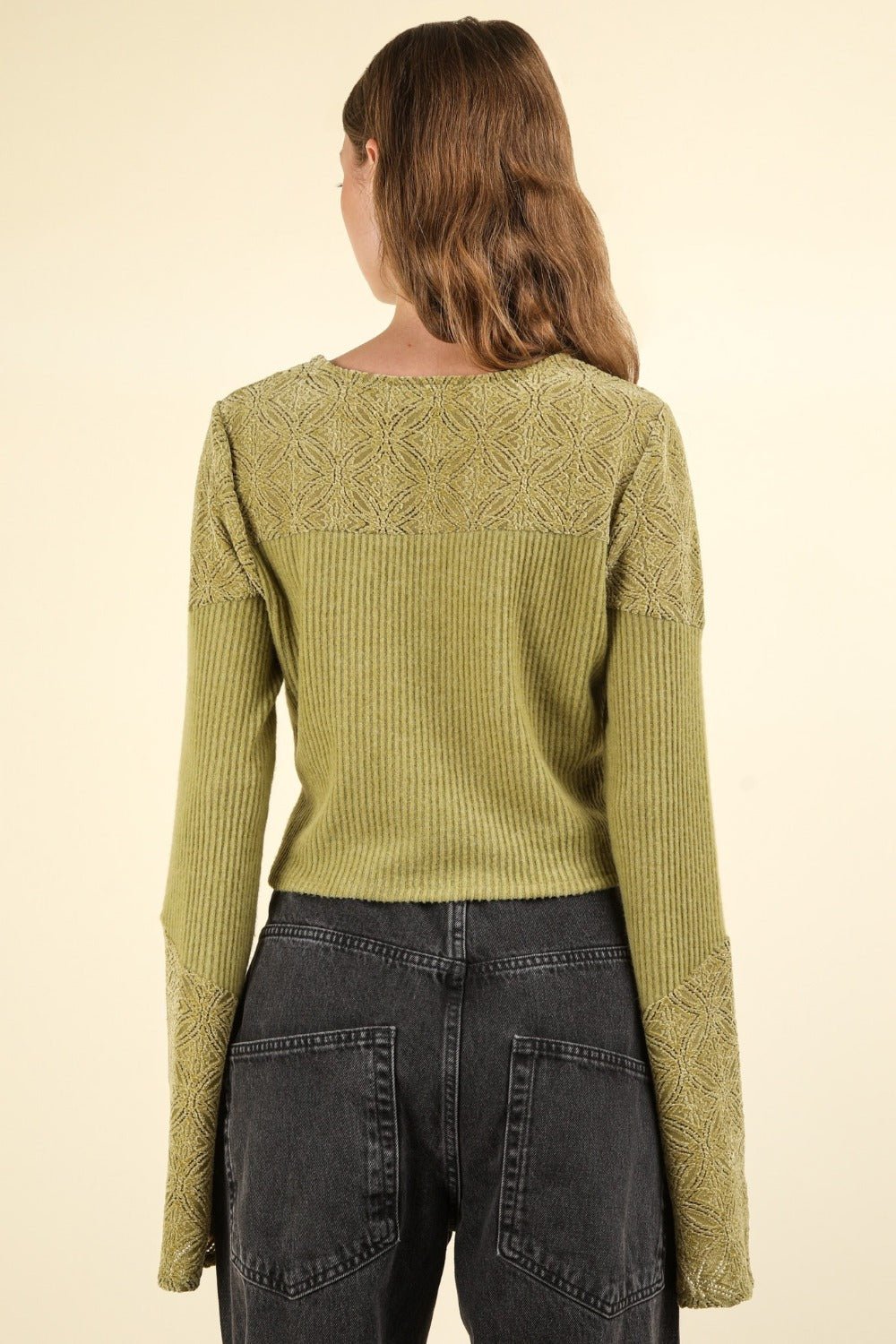 VERY J V - Neck Lace Detail Button Down Crop Ribbed Knit Top - Top - Olive - Bella Bourget