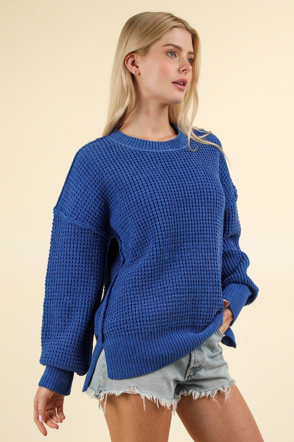 VERY J Waffle - Knit Exposed Seam Round Neck Sweater - Sweater - Royal Blue - Bella Bourget