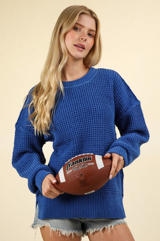 VERY J Waffle - Knit Exposed Seam Round Neck Sweater - Sweater - Royal Blue - Bella Bourget