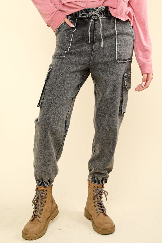 VERY J Washed Drawstring Jogger Cargo Jeans - Jeans - Black Denim - Bella Bourget