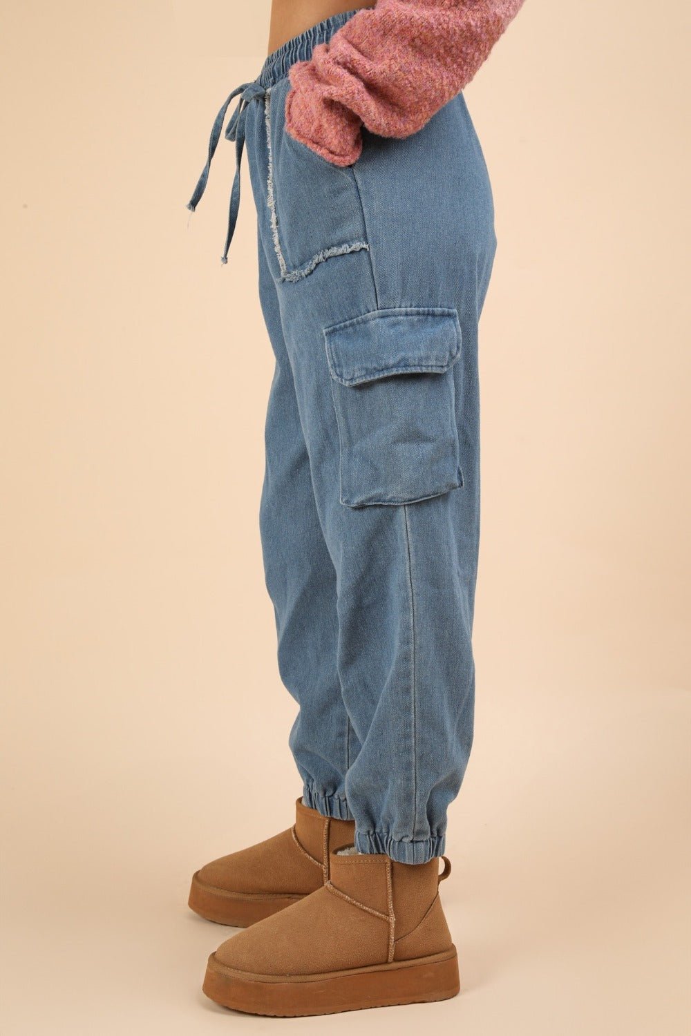 VERY J Washed Drawstring Jogger Cargo Jeans - Jeans - Indigo - Bella Bourget