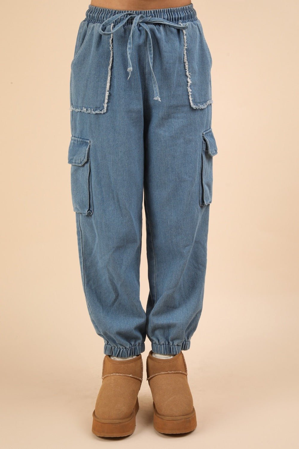 VERY J Washed Drawstring Jogger Cargo Jeans - Jeans - Indigo - Bella Bourget