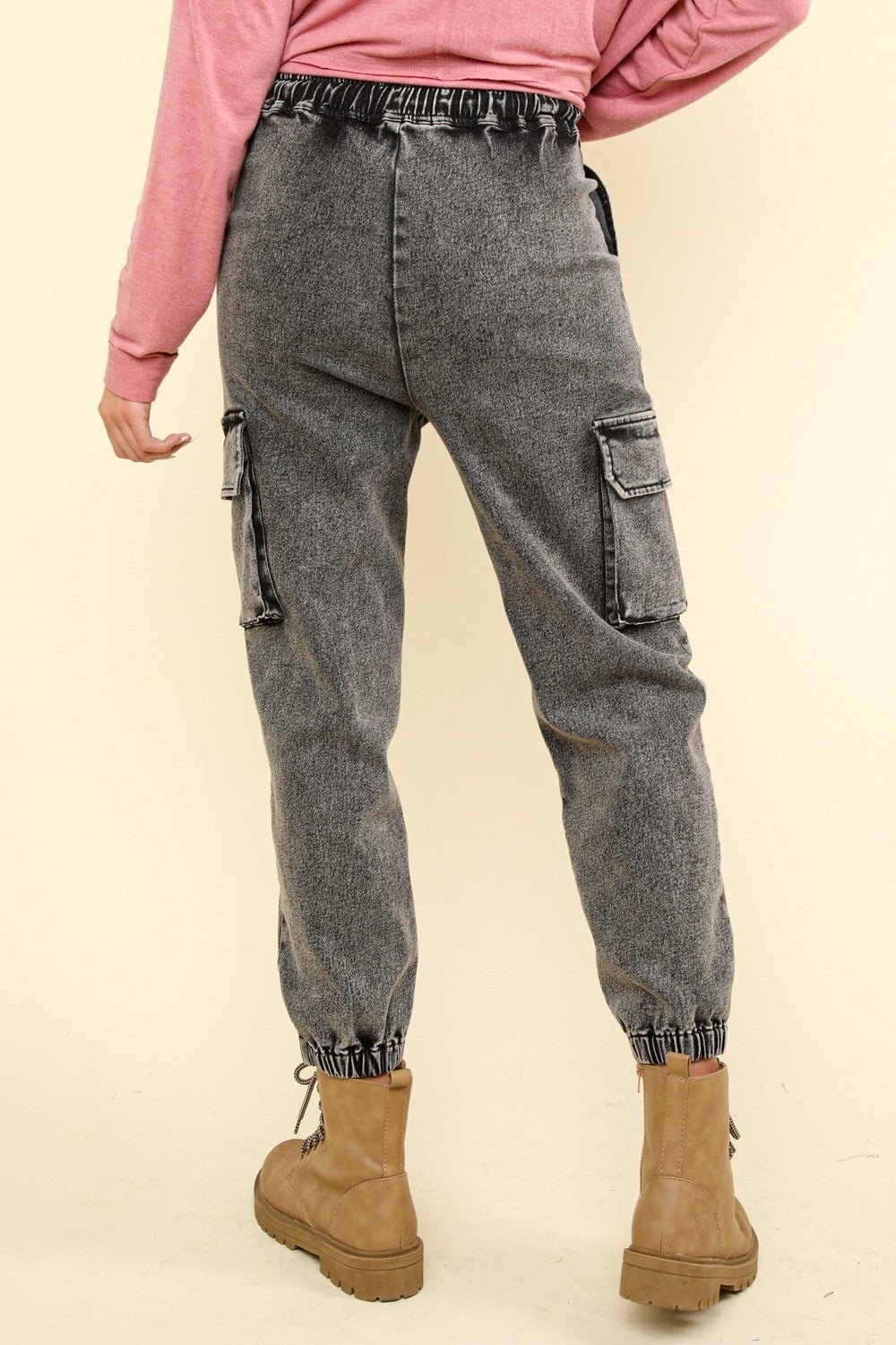 VERY J Washed Drawstring Jogger Cargo Jeans - Jeans - Black Denim - Bella Bourget