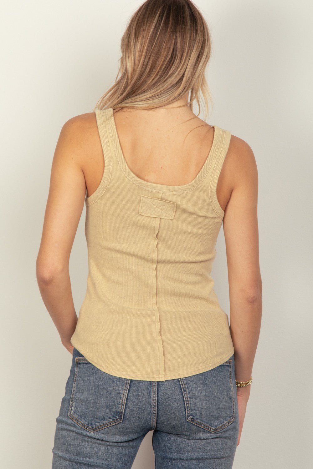 VERY J Washed Ribbed Tank with Placket Detail - Top - Beige - Bella Bourget