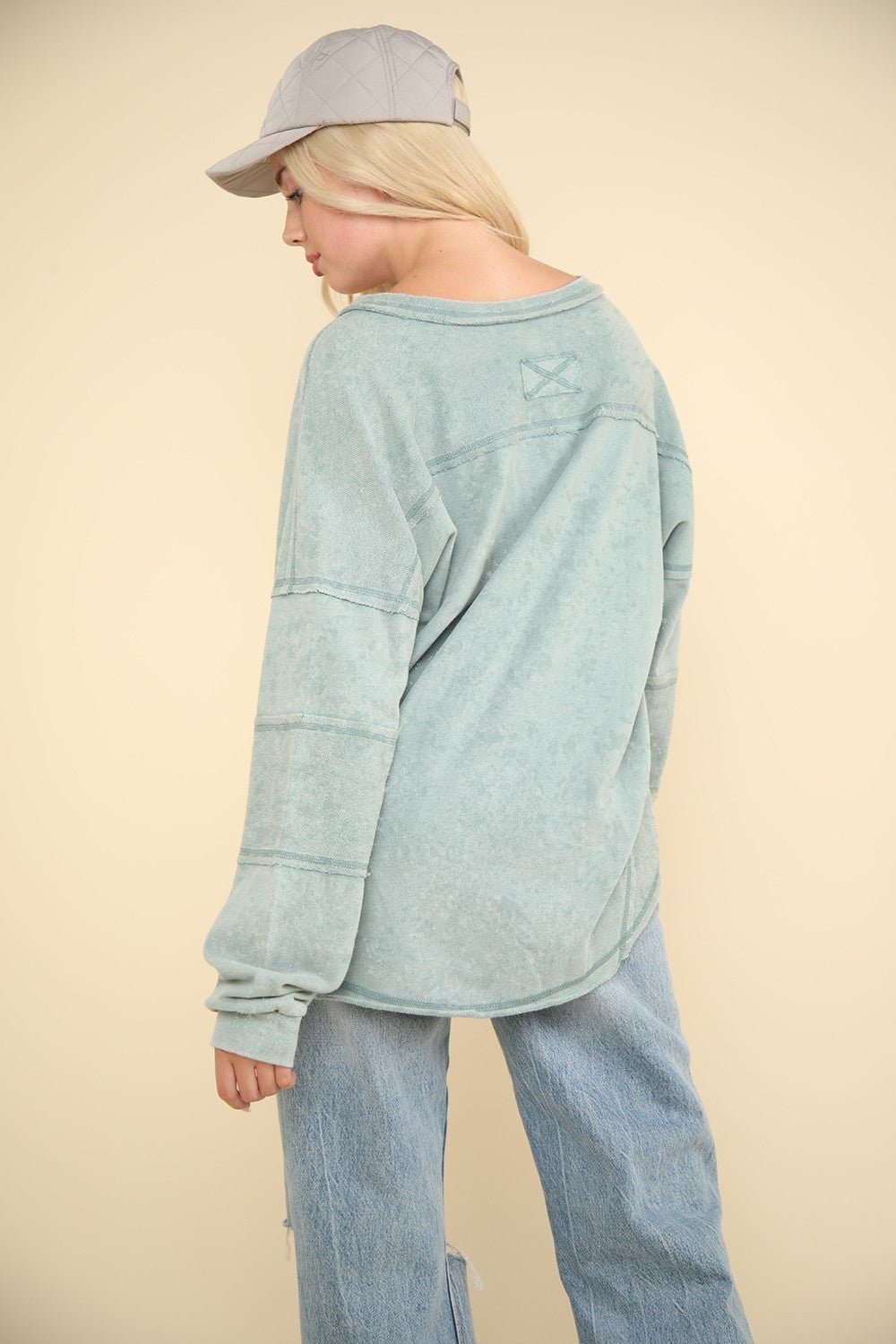 VERY J Washed V - Neck Exposed Seam Knit Top - Sweatshirt - Sage - Bella Bourget