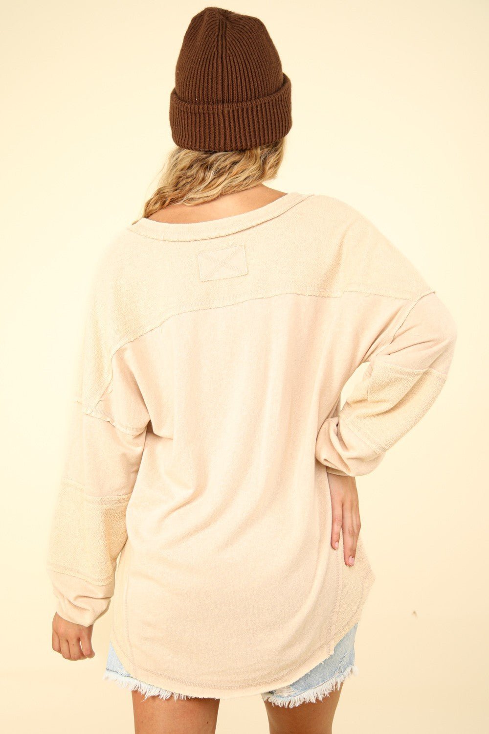 VERY J Washed V - Neck Exposed Seam Knit Top - Sweatshirt - Beige - Bella Bourget