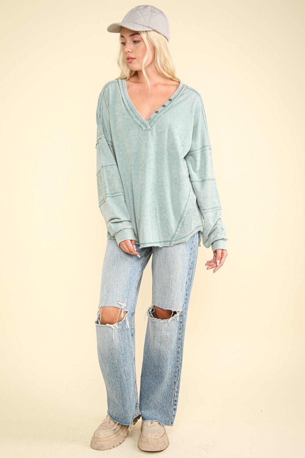 VERY J Washed V - Neck Exposed Seam Knit Top - Sweatshirt - Sage - Bella Bourget