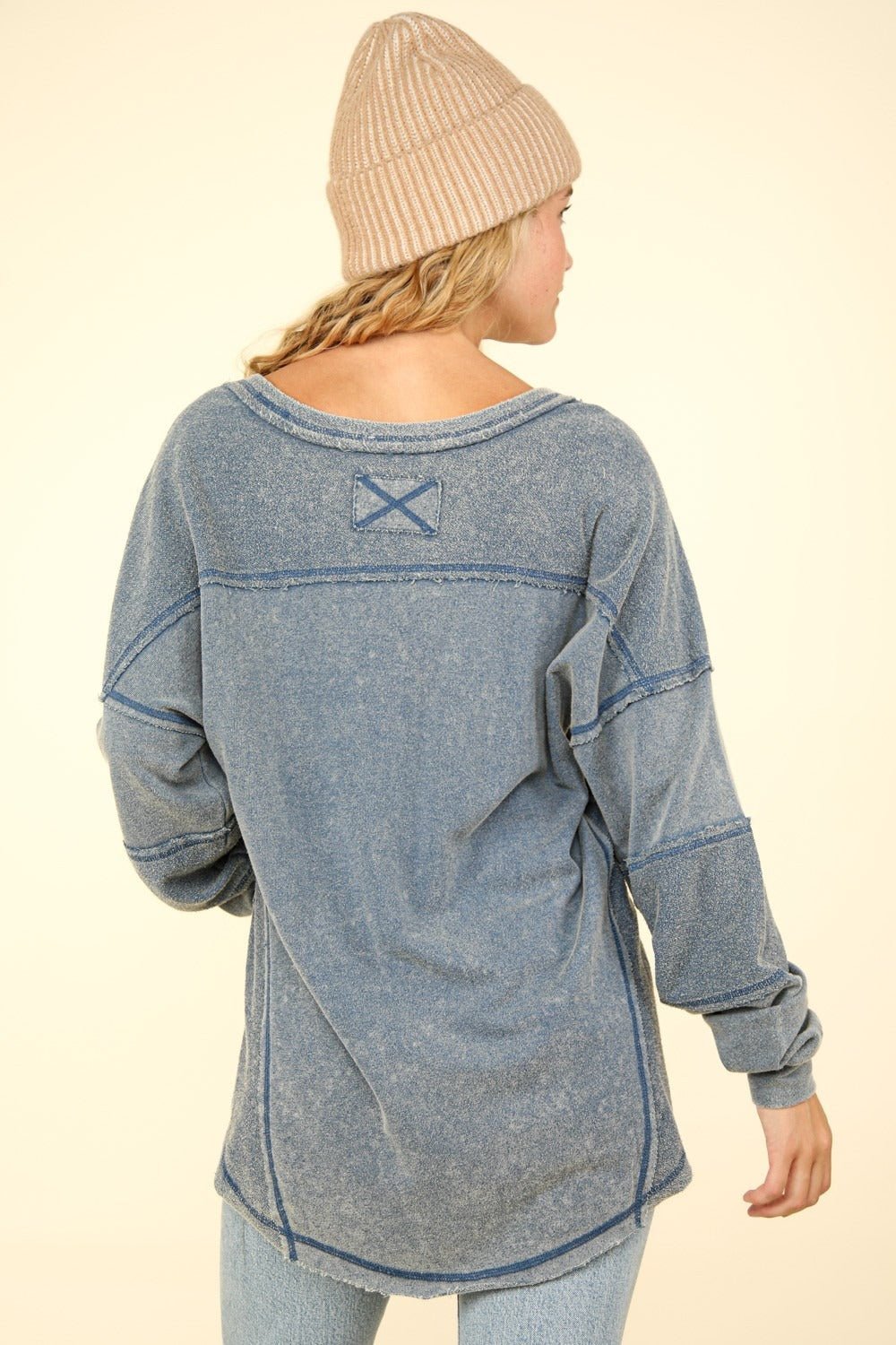 VERY J Washed V - Neck Exposed Seam Knit Top - Sweatshirt - Denim - Bella Bourget