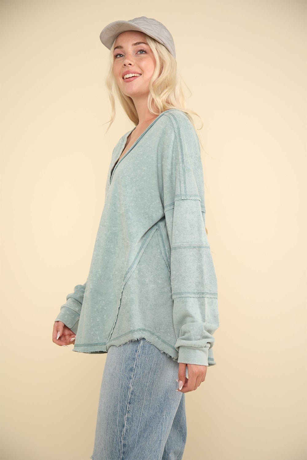 VERY J Washed V - Neck Exposed Seam Knit Top - Sweatshirt - Sage - Bella Bourget