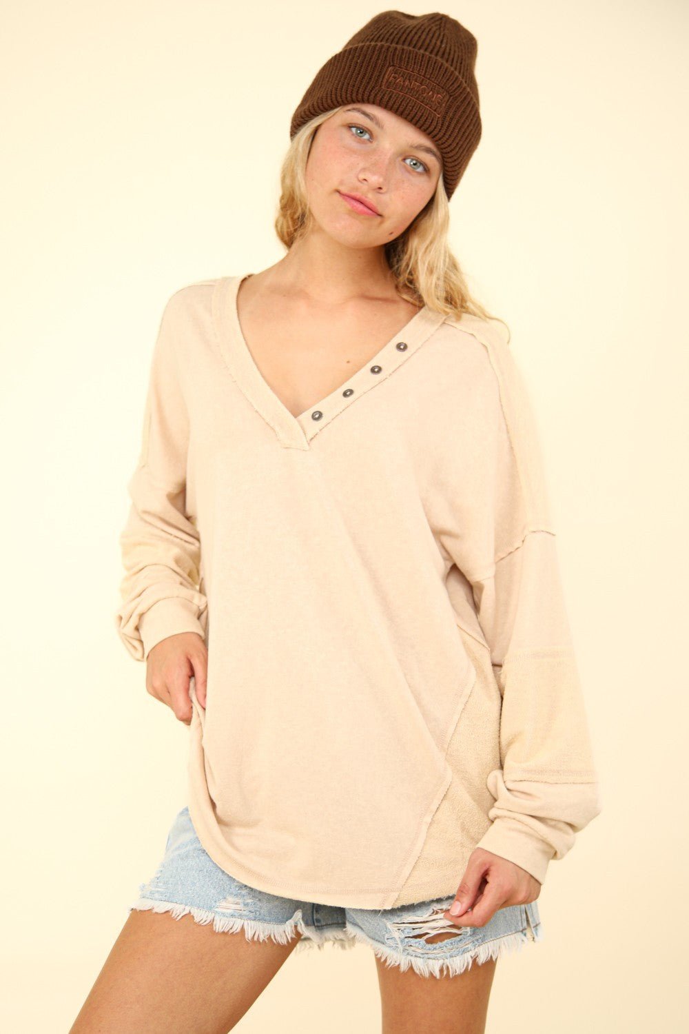 VERY J Washed V - Neck Exposed Seam Knit Top - Sweatshirt - Beige - Bella Bourget