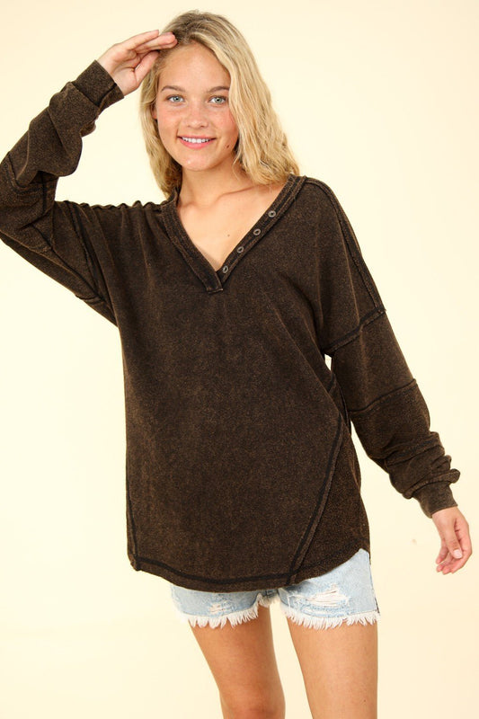 VERY J Washed V - Neck Exposed Seam Knit Top - Sweatshirt - Black - Bella Bourget