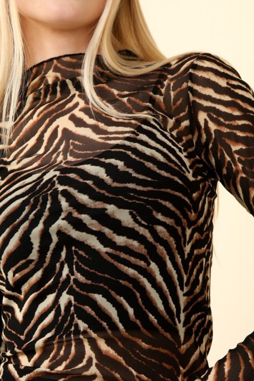 VERY J Zebra Print Mock Neck Sheer Mesh Blouse - Top - Zebra - Bella Bourget