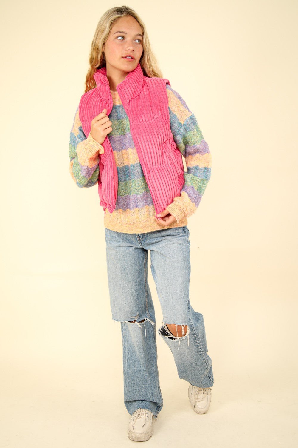 VERY J Zip Up Padded Corduroy Puffer Vest - Vest - Pink - Bella Bourget