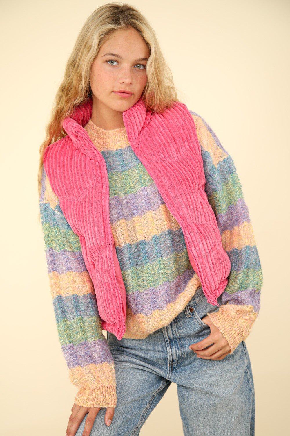 VERY J Zip Up Padded Corduroy Puffer Vest - Vest - Pink - Bella Bourget