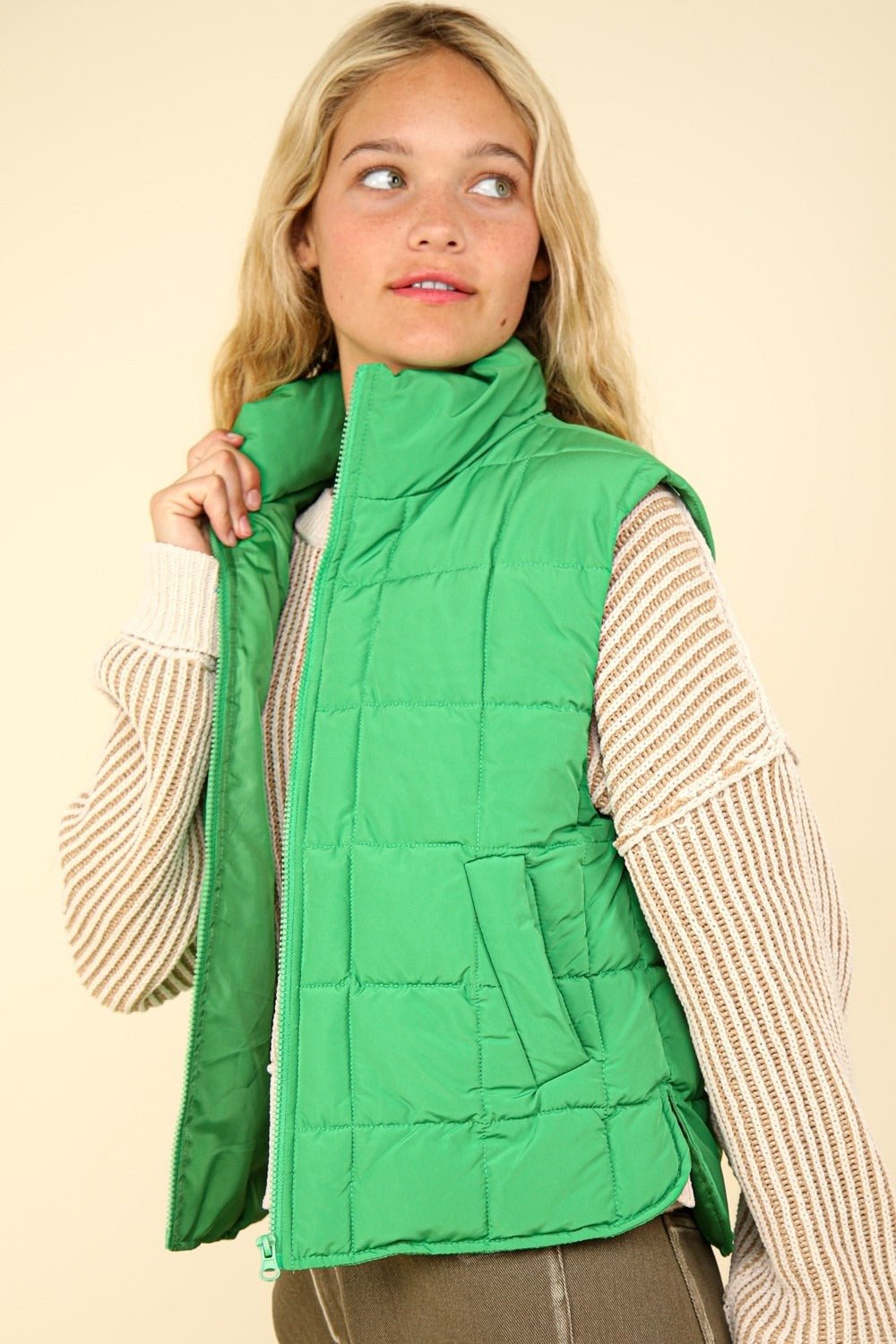 VERY J Zip Up Puffer Padded Warm Vest - Vest - Kelly Green - Bella Bourget