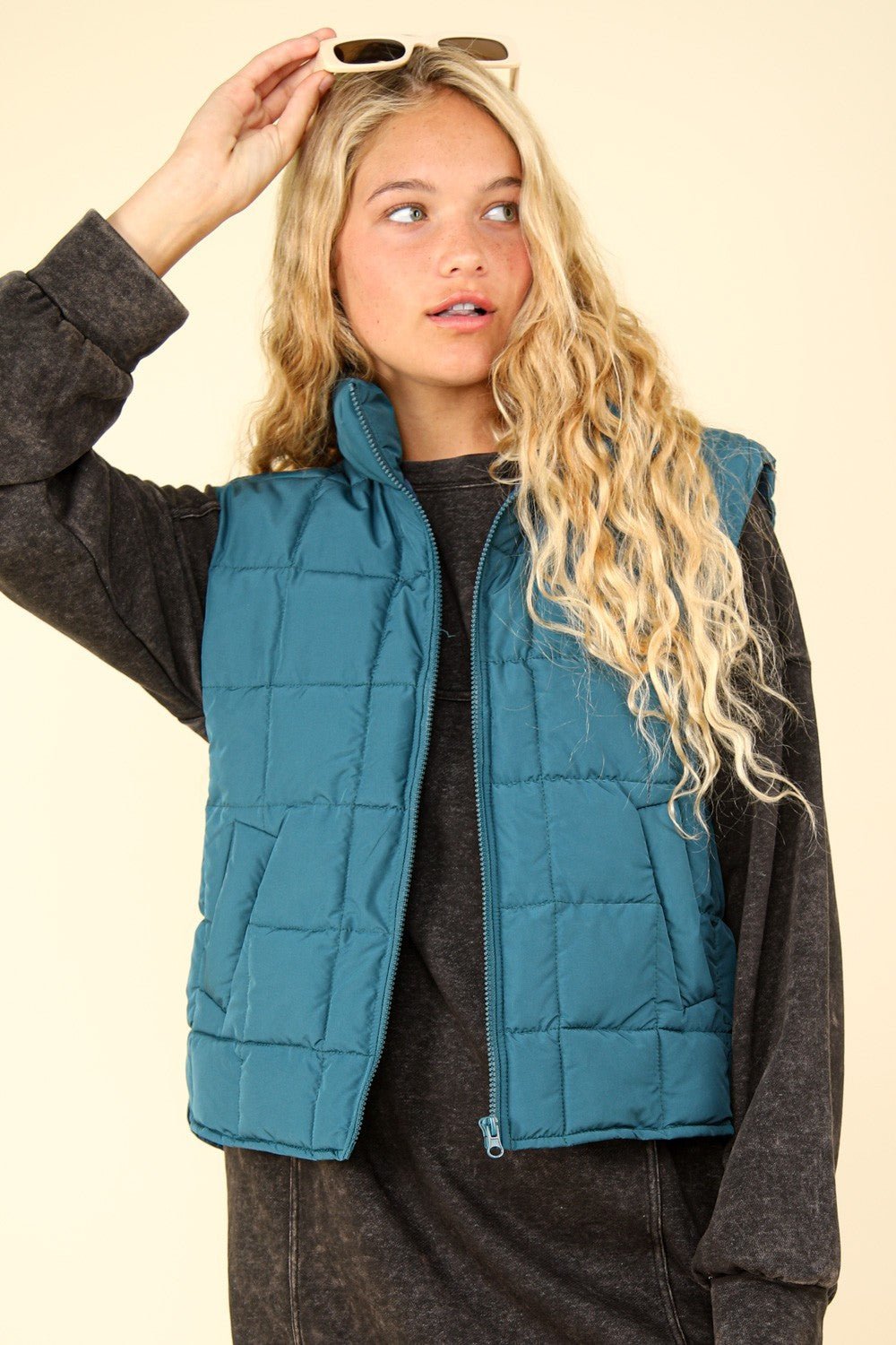 VERY J Zip Up Puffer Padded Warm Vest - Vest - Sea Foam - Bella Bourget