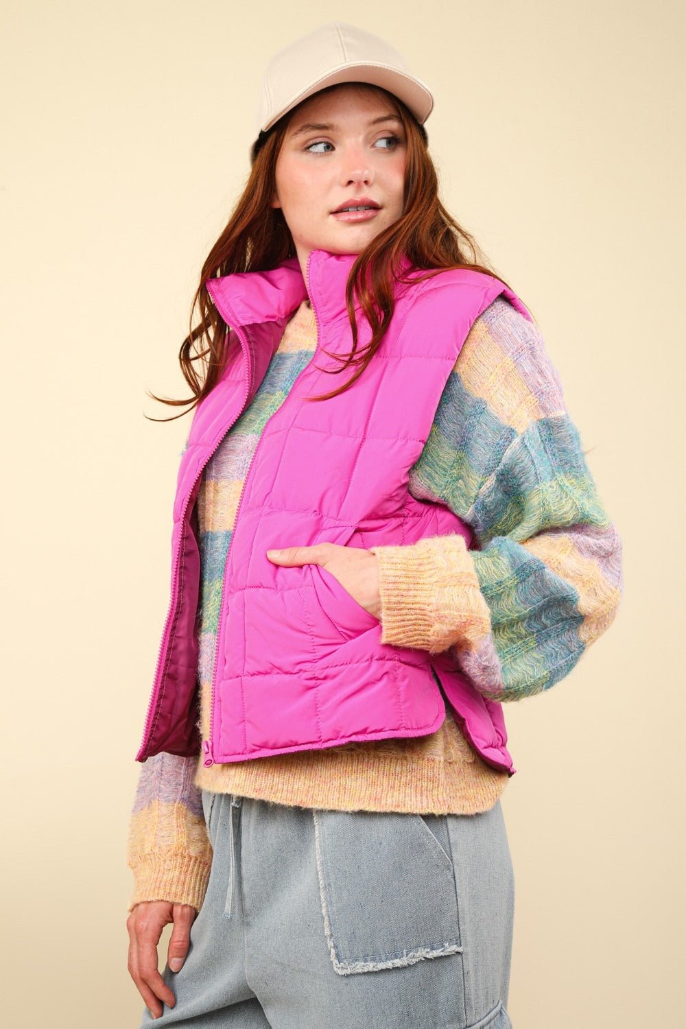 VERY J Zip Up Puffer Padded Warm Vest - Vest - Fuchsia - Bella Bourget