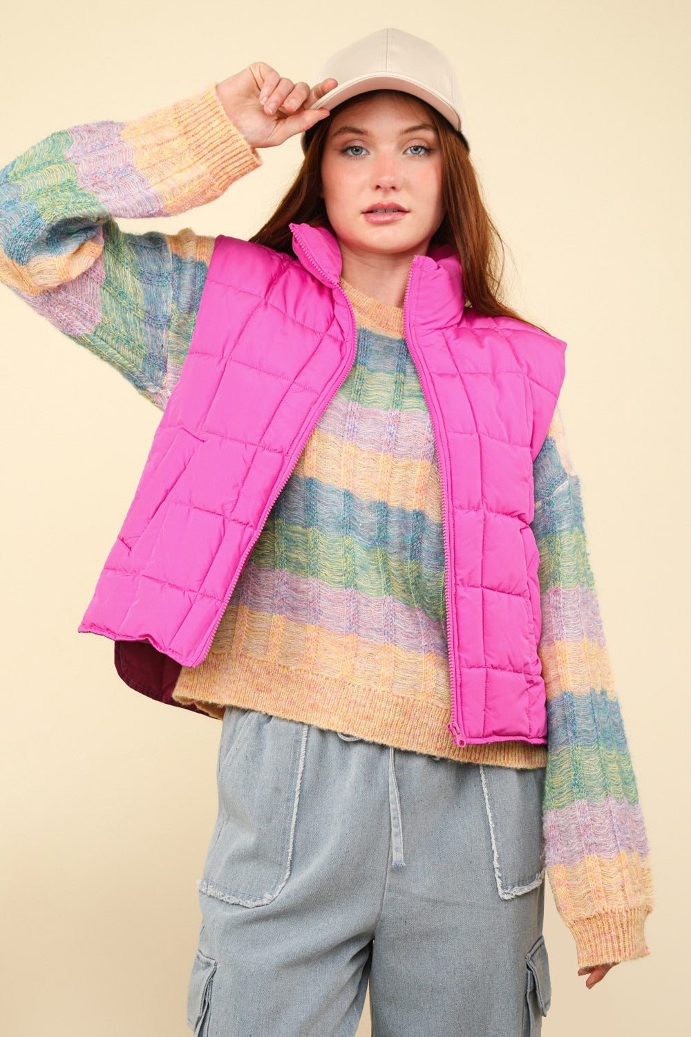 VERY J Zip Up Puffer Padded Warm Vest - Vest - Fuchsia - Bella Bourget