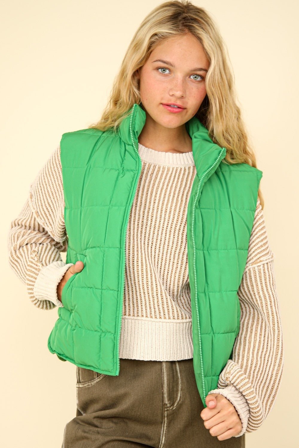 VERY J Zip Up Puffer Padded Warm Vest - Vest - Kelly Green - Bella Bourget