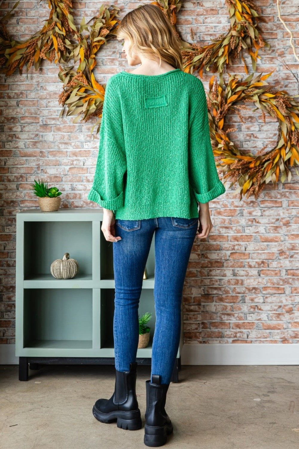 Veveret Notched Long Sleeve Sweater - Sweater - GREEN - Bella Bourget