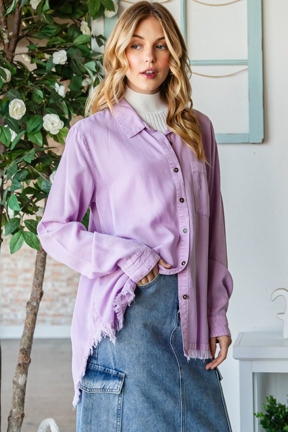 Veveret Raw Hem Button Up Long Sleeve Shirt - Top - LAVENDER - Bella Bourget