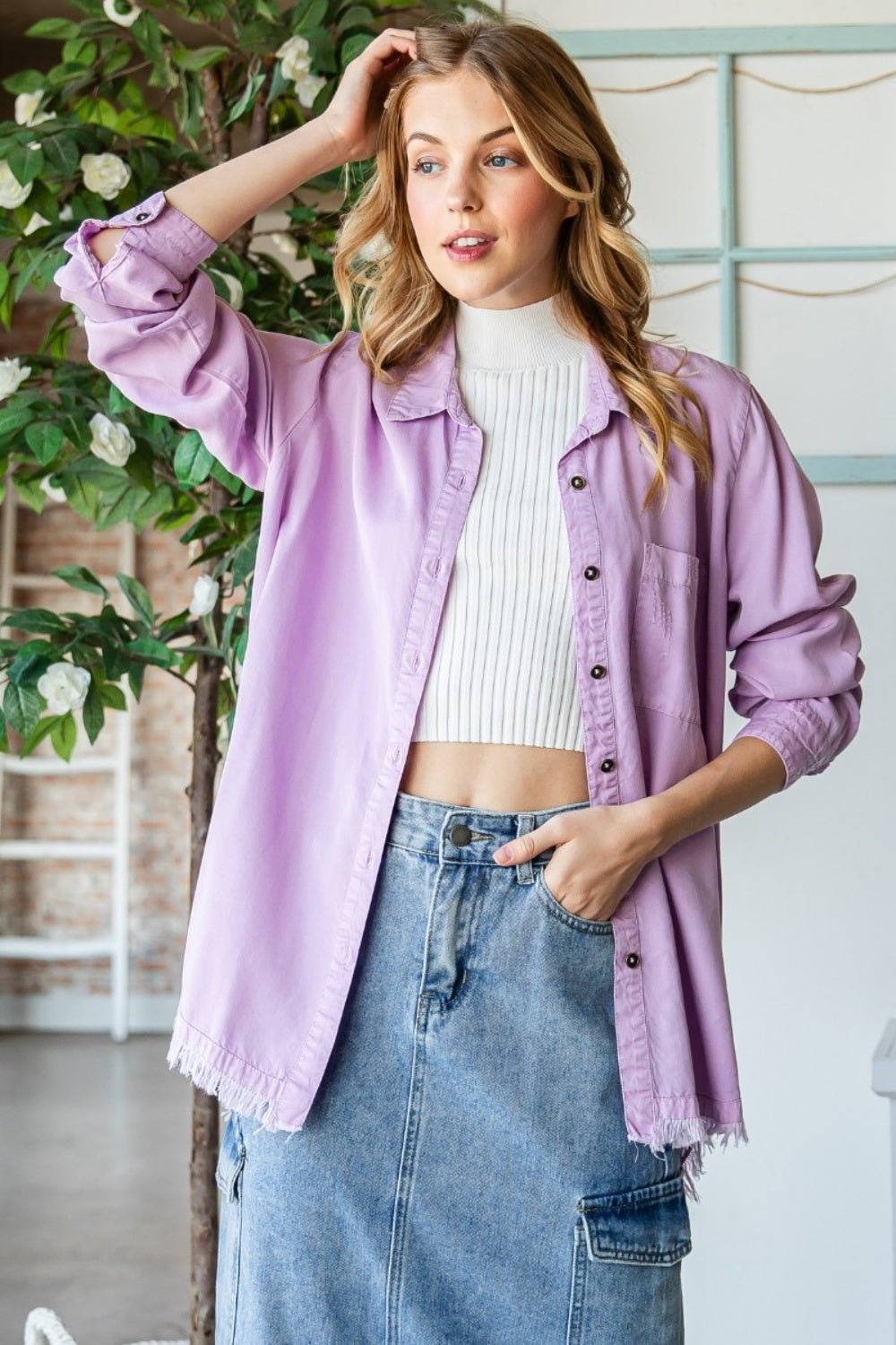 Veveret Raw Hem Button Up Long Sleeve Shirt - Top - LAVENDER - Bella Bourget