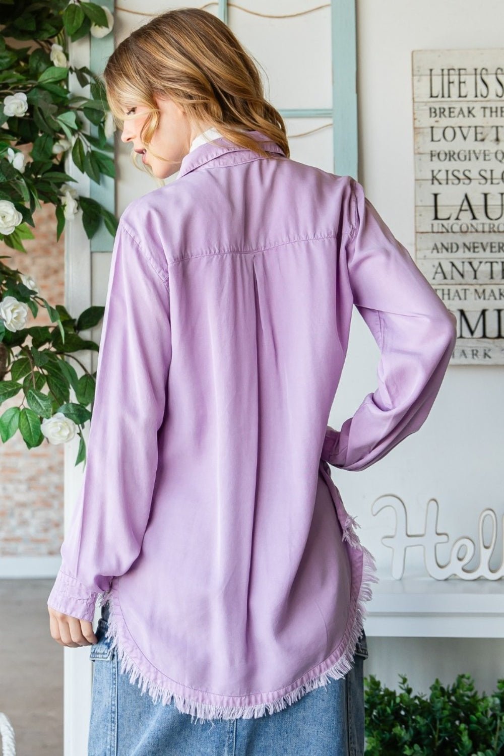 Veveret Raw Hem Button Up Long Sleeve Shirt - Top - LAVENDER - Bella Bourget