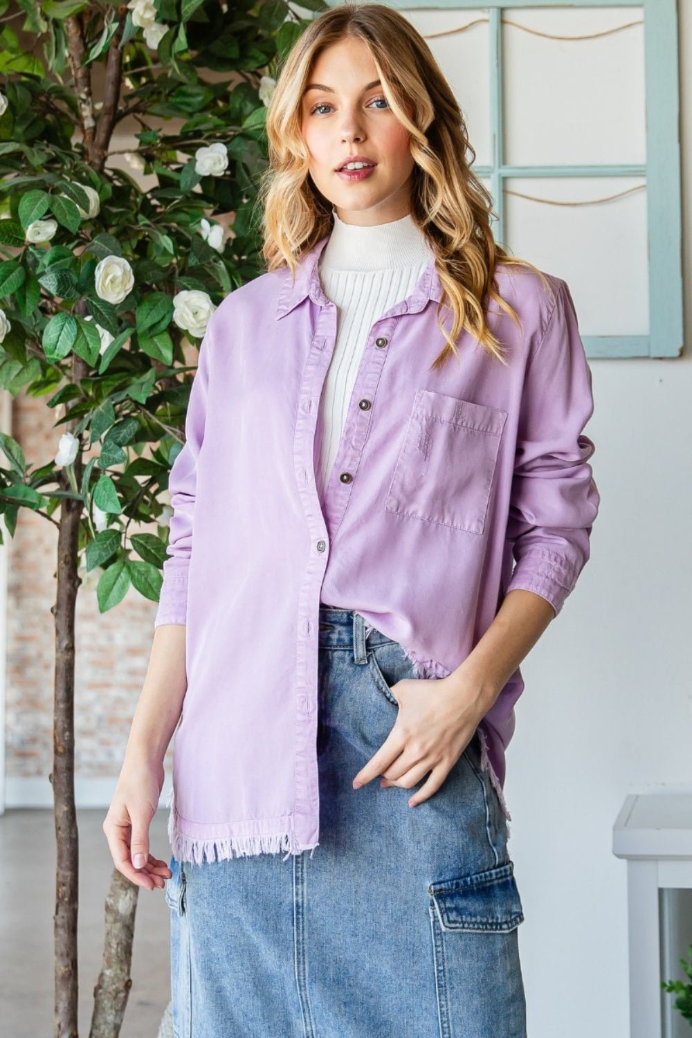 Veveret Raw Hem Button Up Long Sleeve Shirt - Top - LAVENDER - Bella Bourget