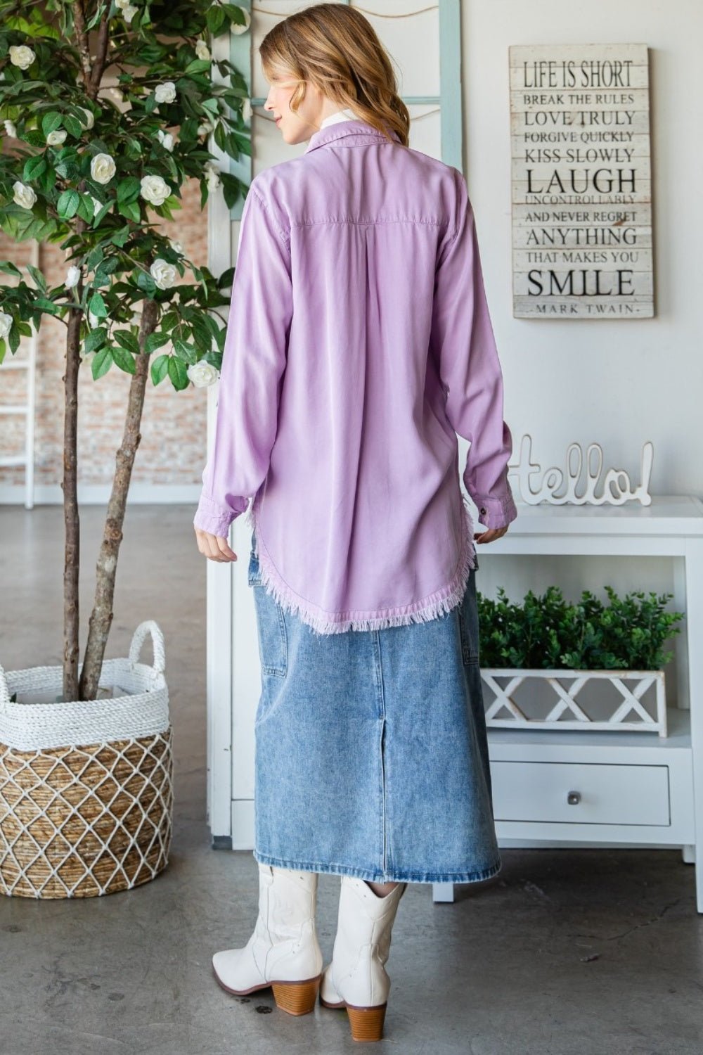 Veveret Raw Hem Button Up Long Sleeve Shirt - Top - LAVENDER - Bella Bourget