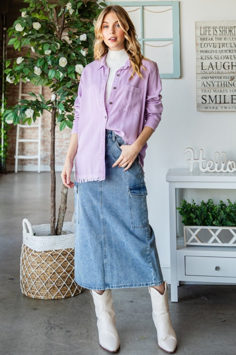 Veveret Raw Hem Button Up Long Sleeve Shirt - Top - LAVENDER - Bella Bourget