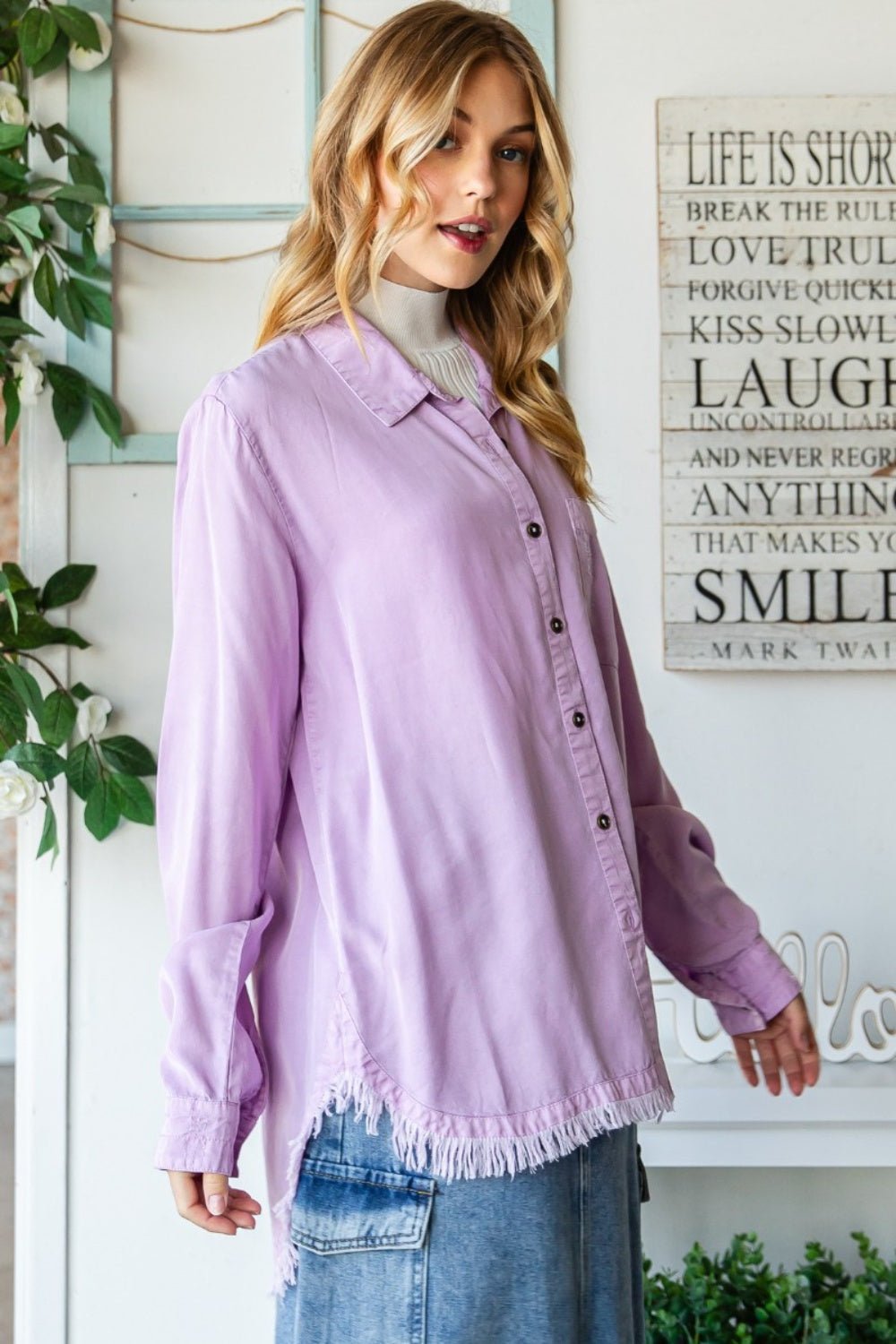 Veveret Raw Hem Button Up Long Sleeve Shirt - Top - LAVENDER - Bella Bourget