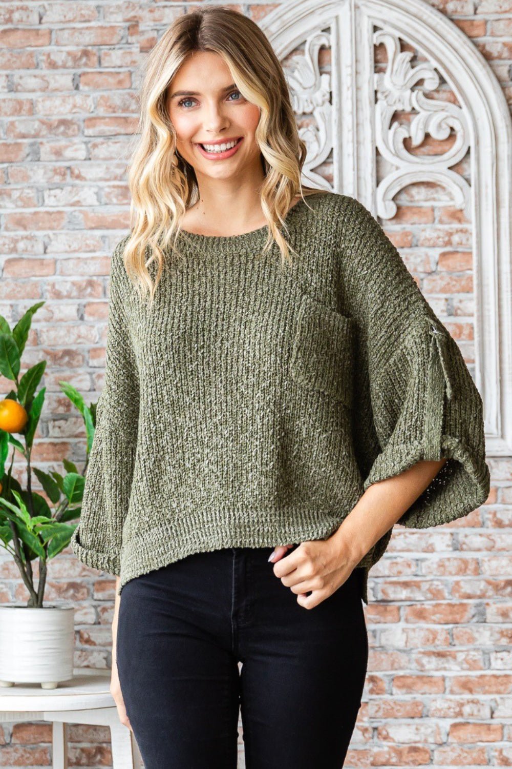 Veveret Round Neck Roll - Up Sweater - Sweater - OLIVE - Bella Bourget