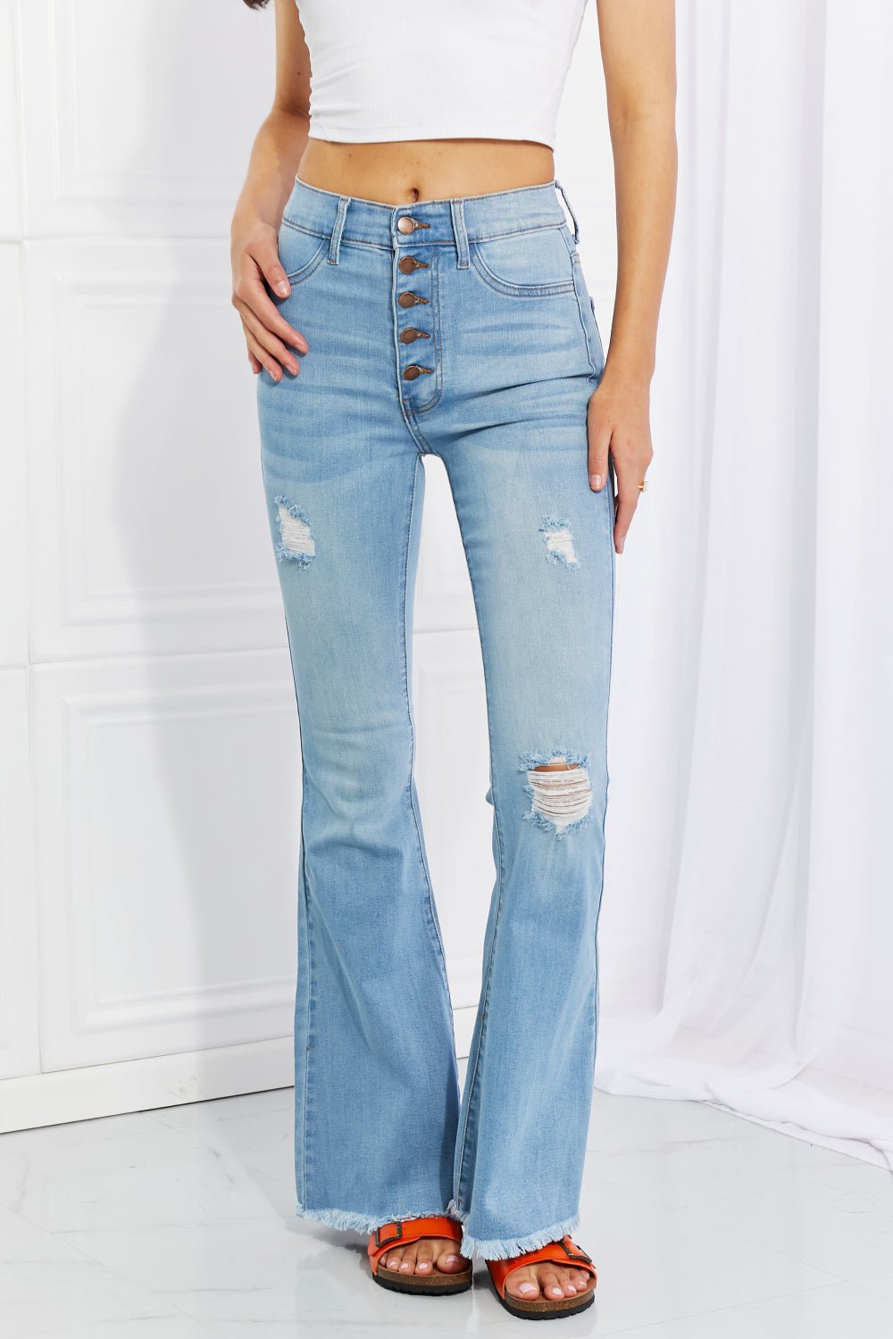 Vibrant MIU Full Size Jess Button Flare Jeans - Jeans - Light - Bella Bourget