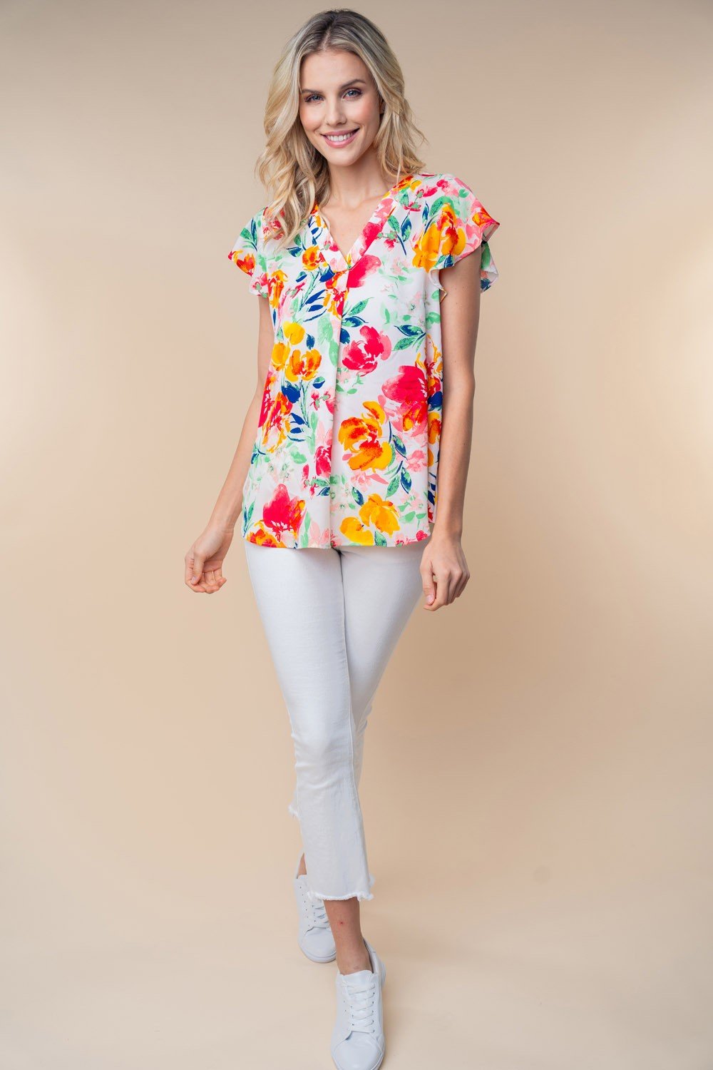 White Birch Full Size Short Sleeve Floral Woven Top - Top - White Multi - Bella Bourget