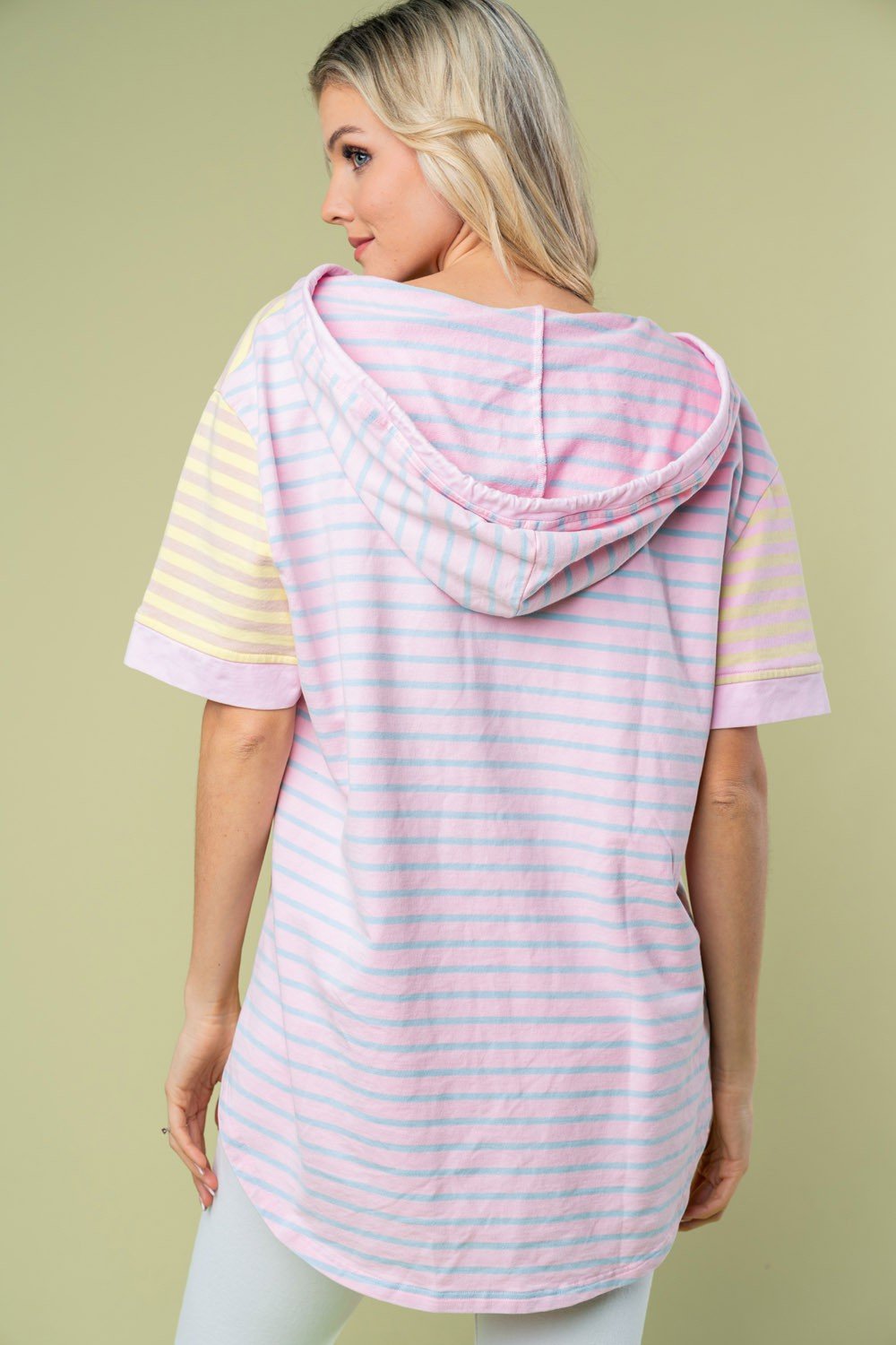 White Birch Full Size Striped Short Sleeve Drawstring Hooded Top - Hoodies - Pink Combo - Bella Bourget